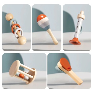 Set 5 instrumente muzicale din lemn pentru copii, Pastel