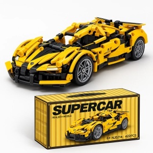 Set de constructie masina cu 470 piese, sistem pull-back, scara 1:18 - Masinuta galbena