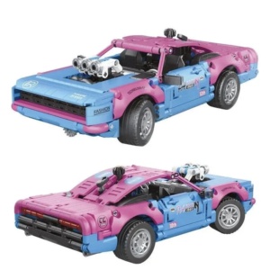 Set de constructie masina sport retro Muscle Car, roz-bleu, motor cu pistoane mobile, 925 piese - Img 7