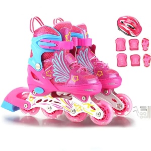 Set role reglabile 2 in 1 cu echipament protectie si ghiozdanel, marime ajustabile 30-34, Roz