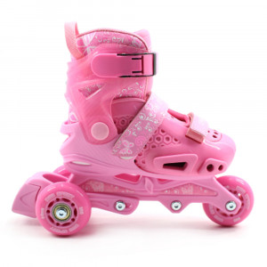 Set role reglabile copii si echipament protectie, roti silicon, marime ajustabila 29-33, Roz