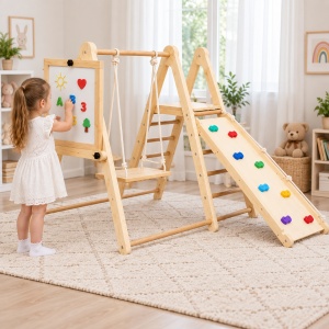 Set triunghi Pikler din lemn 8 in 1, loc de joaca cu tobogan, leagan si activitati creative, 2–8 ani - Img 3