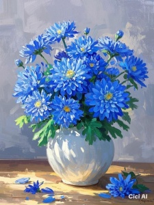 Tablou pictura pe numere, Crizanteme in vaza, rama din lemn, 40 x 50 cm, PM2005