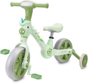 Tricicleta 3 in 1 pentru copii, transformabila, pedale detasabile, reglabila, roti ajutatoare - Unicorn verde