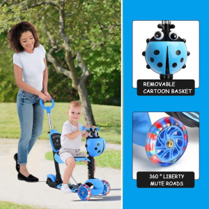 Trotineta 5 in 1 buburuza cu 3 roti din silicon si scaunel, Albastru