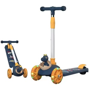 Trotineta cu 3 roti, lumini LED, pliabila, reglabila, 3-6 ani, Dino, albastru