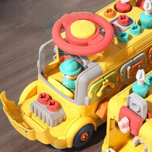 Autobuz atelier STEM cu volan, 5 unelte, suruburi, rotite dintate si activitati - Img 7