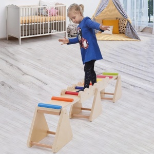 Balansoar din lemn multifunctional 2 in 1, cu barna de echilibru si elemente colorate, 3–6 ani - Img 3