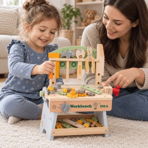 Banc de lucru din lemn WorkBench Idea, cu unelte, menghina si piese de constructie - Img 3