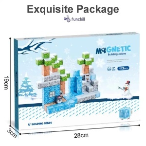 Blocuri magnetice de constructie 3D tip Minecraft, 2 cm - 113 piese - Iarna