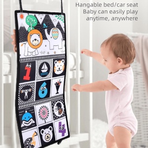 Carte din material textil cu elemente senzoriale si imagini contrastante stimualare vizuala, 0-12 luni