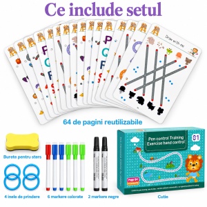 Carte educativa reutilizabila, 64 de pagini cu activitati de trasare, asociere, litere si cifre - Leu - Img 7