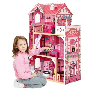 Casuta de papusi din lemn, mobilier si pian, 3 niveluri, terasa, roz, 121 cm - Img 5