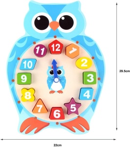 Ceas interactiv din lemn cu forme geometrice, Bufnita