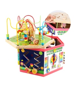 Centru de activitati cub Montessori 7 in 1 din lemn, Hexagon
