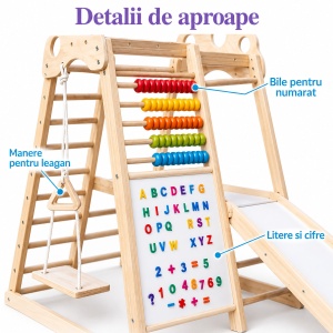 Centru de joaca din lemn 5 in 1, cu leagan, tobogan, scara de catarare, abac si alfabet - Img 5