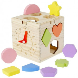 Cub sortator cu forme geometrice din lemn si ceas