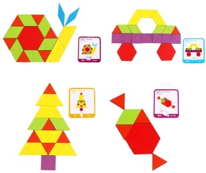 Joc de constructie Tangram din lemn cu 155 piese