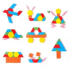 Joc de constructie Tangram din lemn cu 60 piese