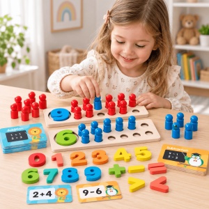 Joc educativ de matematica din lemn, cu pioni de numarare, cifre si carduri pentru adunari si scaderi - Img 2