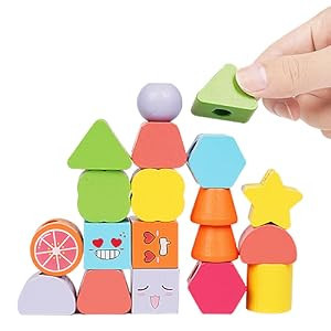 Joc educativ de stivuire cu 5 coloane din lemn, Bead String