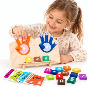 Joc educativ matematic din lemn, Primele calcule, cu palme din fetru si carduri - Img 2