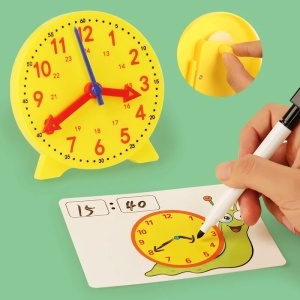 Joc educativ pentru invatarea ceasului cu carduri reutilizabile si ceas analog, 72 piese