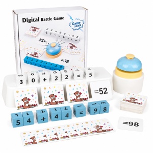 Joc interactiv de matematica Digital Battle Game, cuburi din lemn, cartonase si clopotel