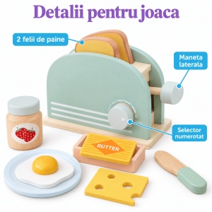 Jucarie prajitor de paine din lemn cu accesorii pentru micul dejun, Toaster Bread, 9 piese - Img 4