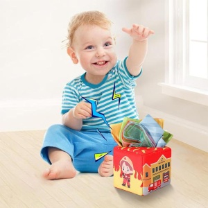 Jucarie senzoriala din material textil tip cutie cu servetele, Pompieri