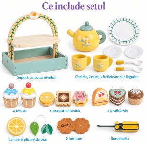 Jucarie set de ceai din lemn, cu suport de servire pe doua niveluri si deserturi, 14 piese, Kabi - Img 7