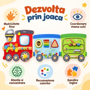 Panou de activitati din lemn Viga Toys – Tren pentru perete, 3 sectiuni, 190 cm - Img 7
