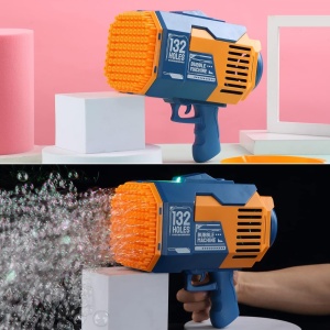 PIstol cu baloane colorate, 2 capete interschimbabile 132/73 orificii, acumulator, lumini, rezerve lichid, Bubble Gun, Albastru