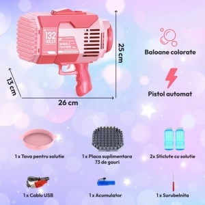 PIstol cu baloane colorate, 2 capete interschimbabile 132/73 orificii, acumulator, lumini, rezerve lichid, Bubble Gun, Roz