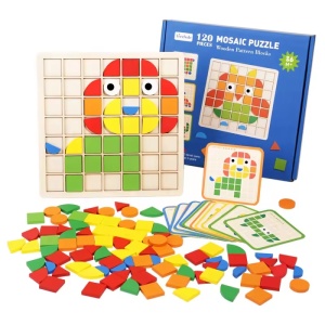 Puzzle 3D mozaic din lemn cu forme geometrice colorate, 120 piese