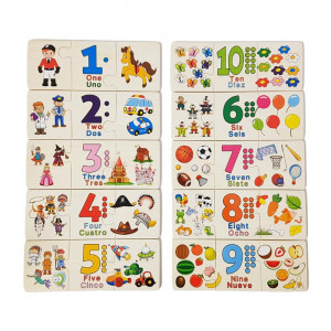 Puzzle de asociere din lemn cu numere si obiecte, Engleza si Spaniola, 30 piese