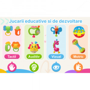 Set 10 jucarii zornaitoare din silicon cu forme si texturi diferite, multicolor