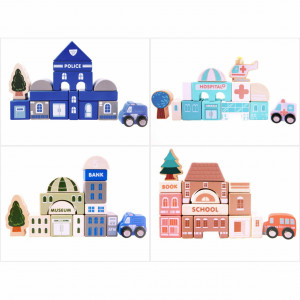 Set 115 piese de constructie din lemn cu plansa, Orasel