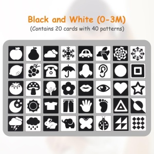 Set 40 imagini stimulare vizuala si senzoriala bebelusi, carduri alb-negru, 0-3 luni