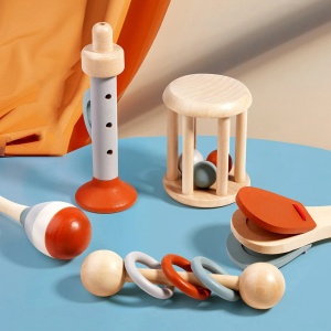 Set 5 instrumente muzicale din lemn pentru copii, Pastel
