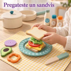 Set de bucatarie pentru copii, cu ustensile, vesela si alimente din lemn – 40 de piese - Img 7