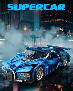 Set de constructie masina cu 423 piese, sistem pull-back, scara 1:18 - Masinuta albastra