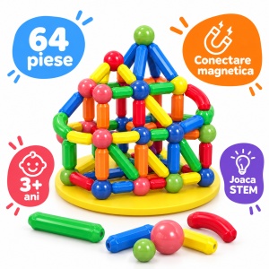 Set de constructii magnetice 3D, Magnetic Sticks, bile si tije colorate – 64 piese - Img 6