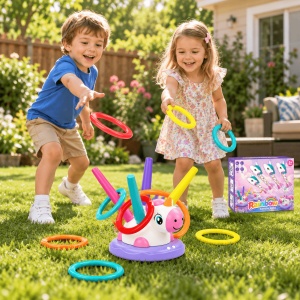 Set de joaca activa 3 in 1 Unicorn, cu muzica, telecomanda, 4 rachete si 12 inele - Img 3