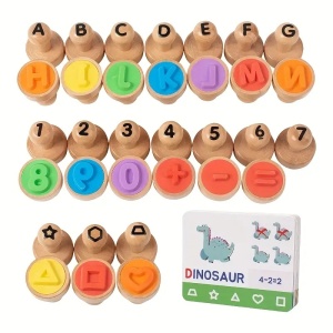 Set educativ cu 45 stampile din lemn si carduri - Alfabet, forme si cifre