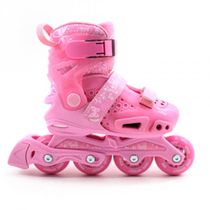Set role reglabile copii si echipament protectie, roti silicon, marime ajustabila 29-33, Roz
