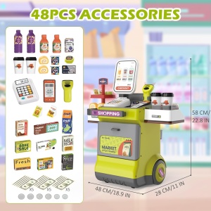 Set supermarkert electronic de jucarie mobil cu roti, sunete si functii, 48 piese, verde