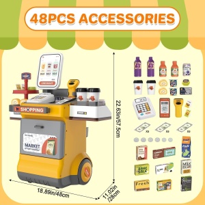 Set supermarkert electronic de jucarie mobil cu roti, sunete si functii, 48 piese, portocaliu - Img 10