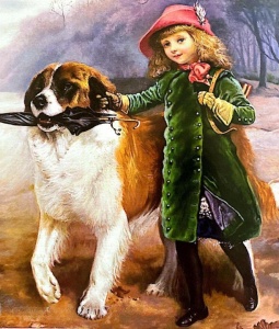 Tablou pictura cu diamante, Fetita cu Saint Bernard, Goblen 5D, rama din lemn, 40 x 50 cm, GM10016