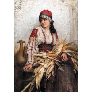 Tablou pictura cu diamante, Taranca Romanca, reproducere Franciszek Ejsmond, Goblen 5D, rama din lemn, 40 x 50 cm, GM056